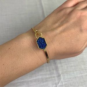 Blue Druzy Crystal And Gold Tone Dainty Metal Cuff Bracelet